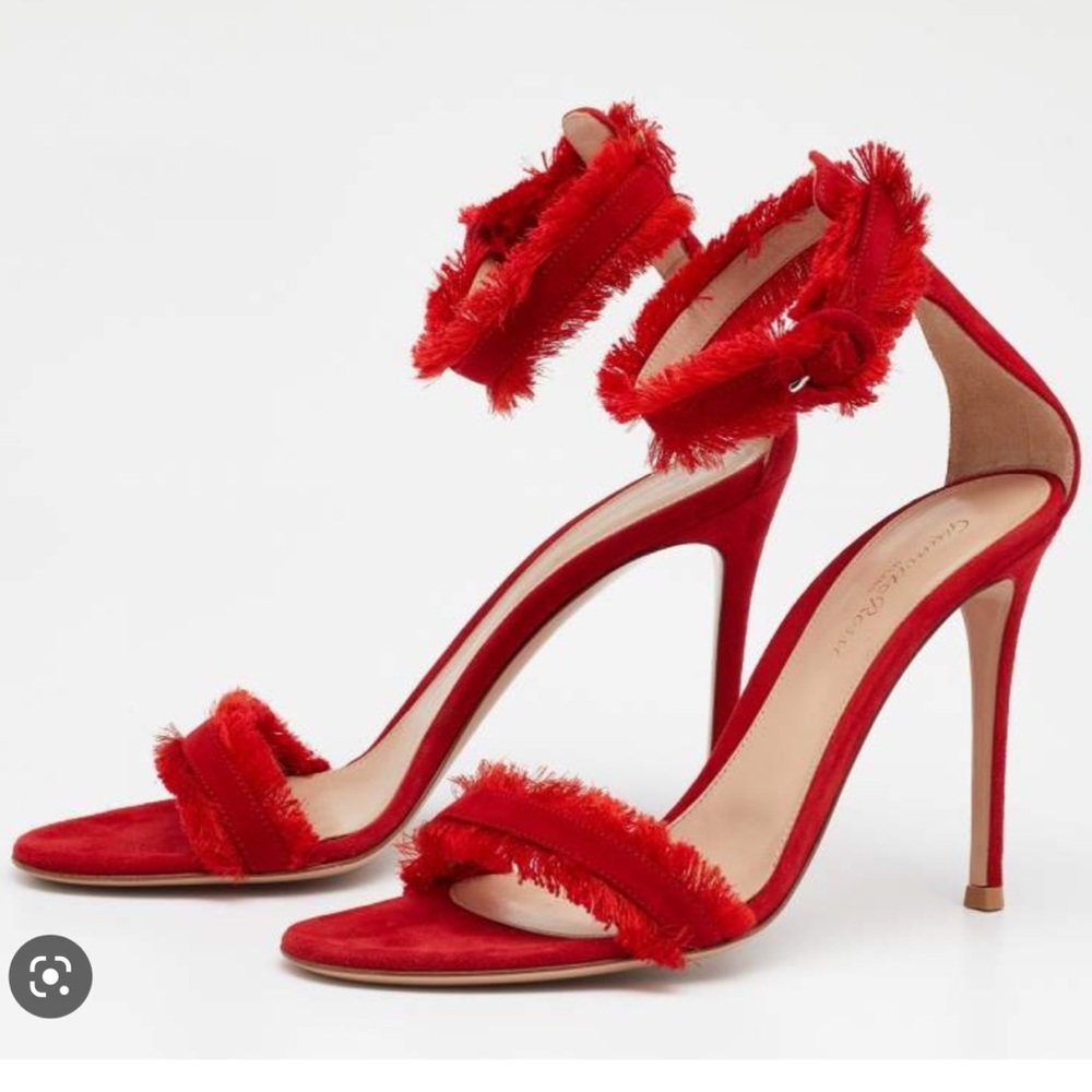 Red satin fringed gianvito Rossi heels in size 38. Style is “caribe”
